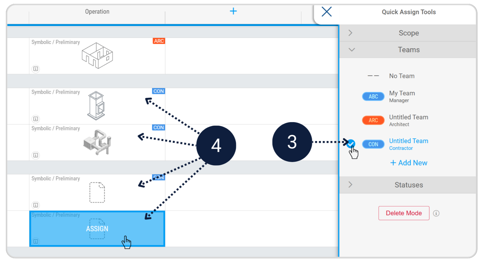 Plannerly Scope: Quick Assign giving each deliverable at the operation milestone its responsible team, architect or contractor, chosen from the project's teams