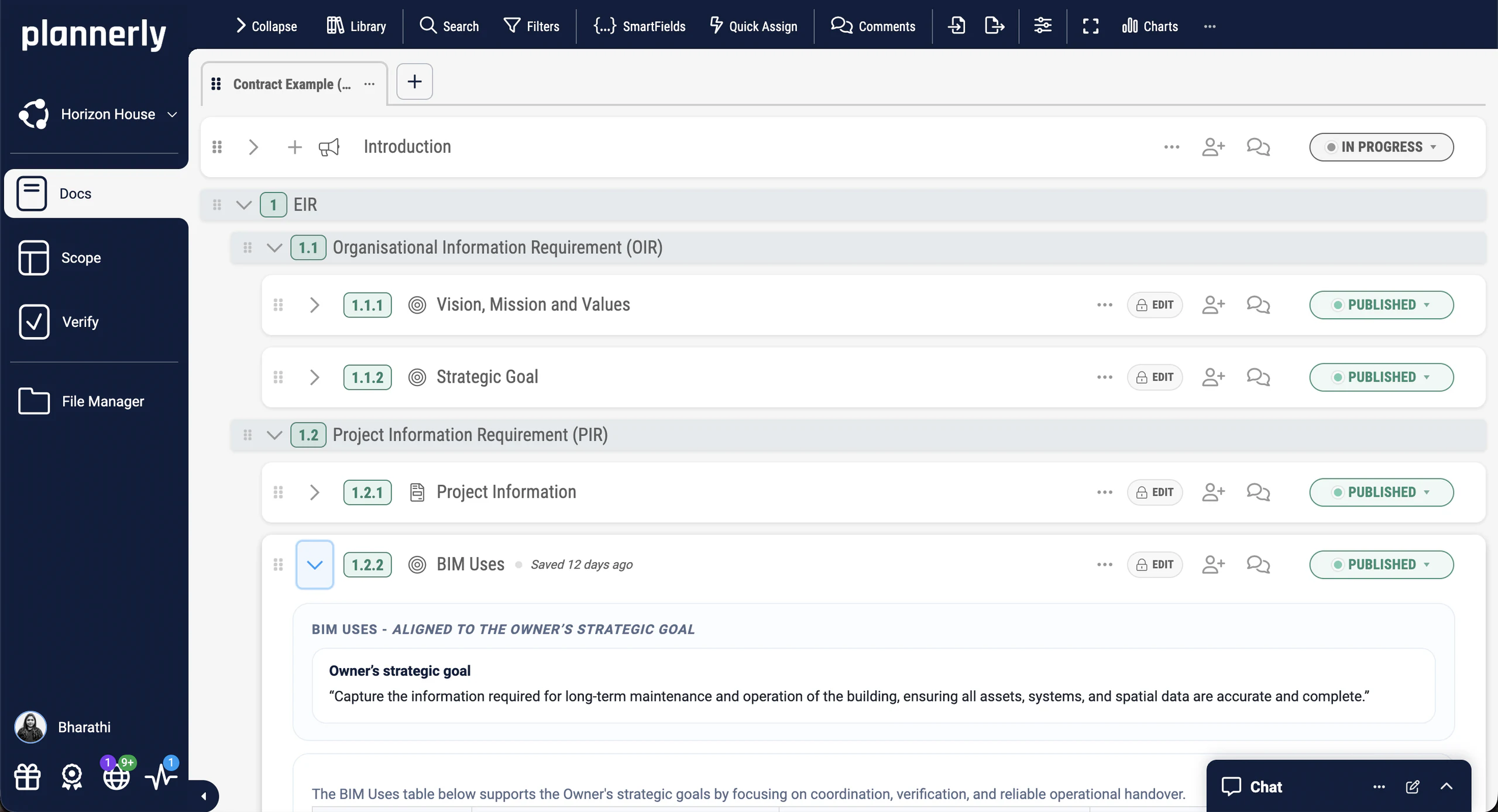 Plannerly Docs: the Exchange Information Requirements, with the organisational and project information sections published