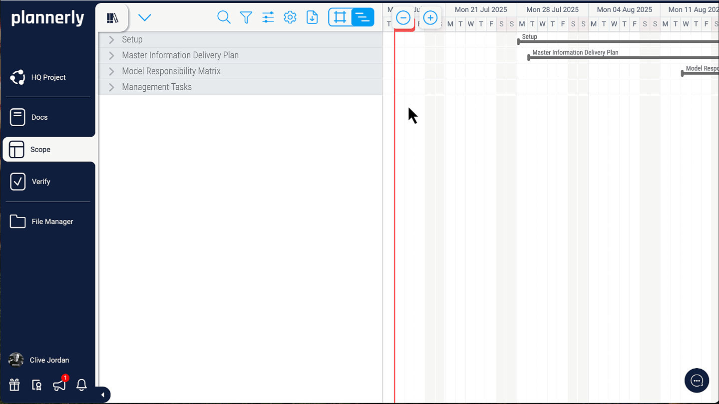 Plannerly: the MIDP on the timeline, with its milestones and the dependencies between tasks