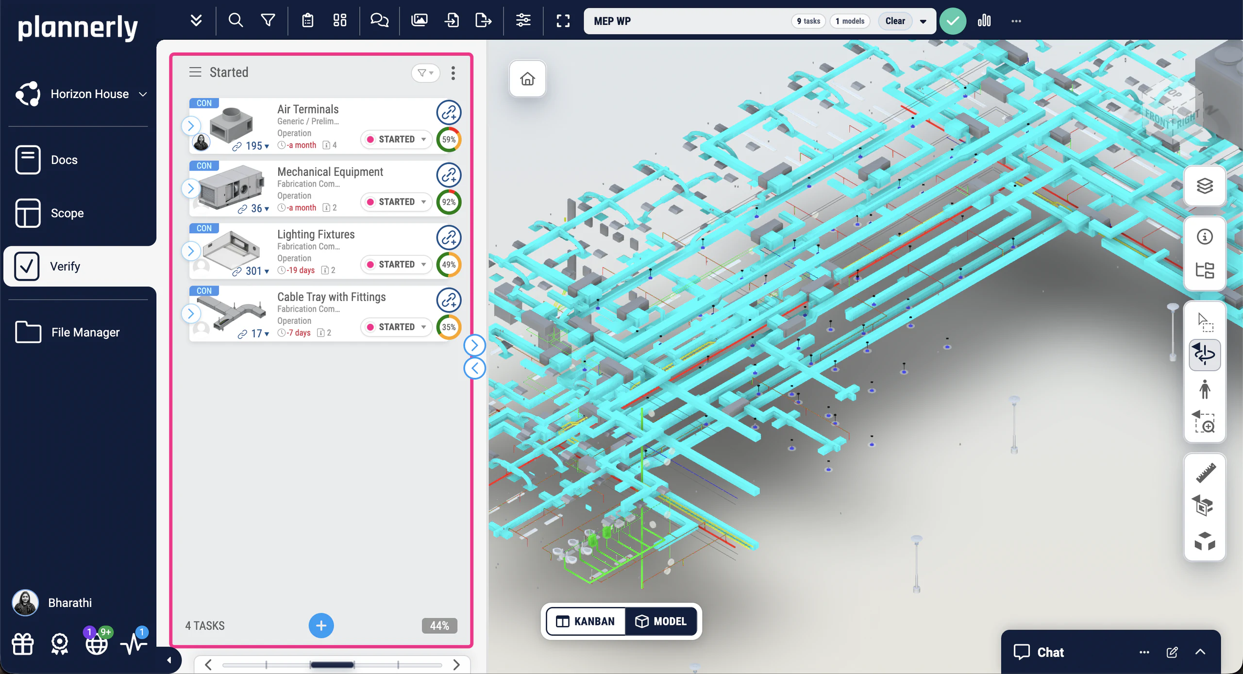 Plannerly Verify: four MEP tasks, each with its linked elements and its share of checks passed, beside the 3D model