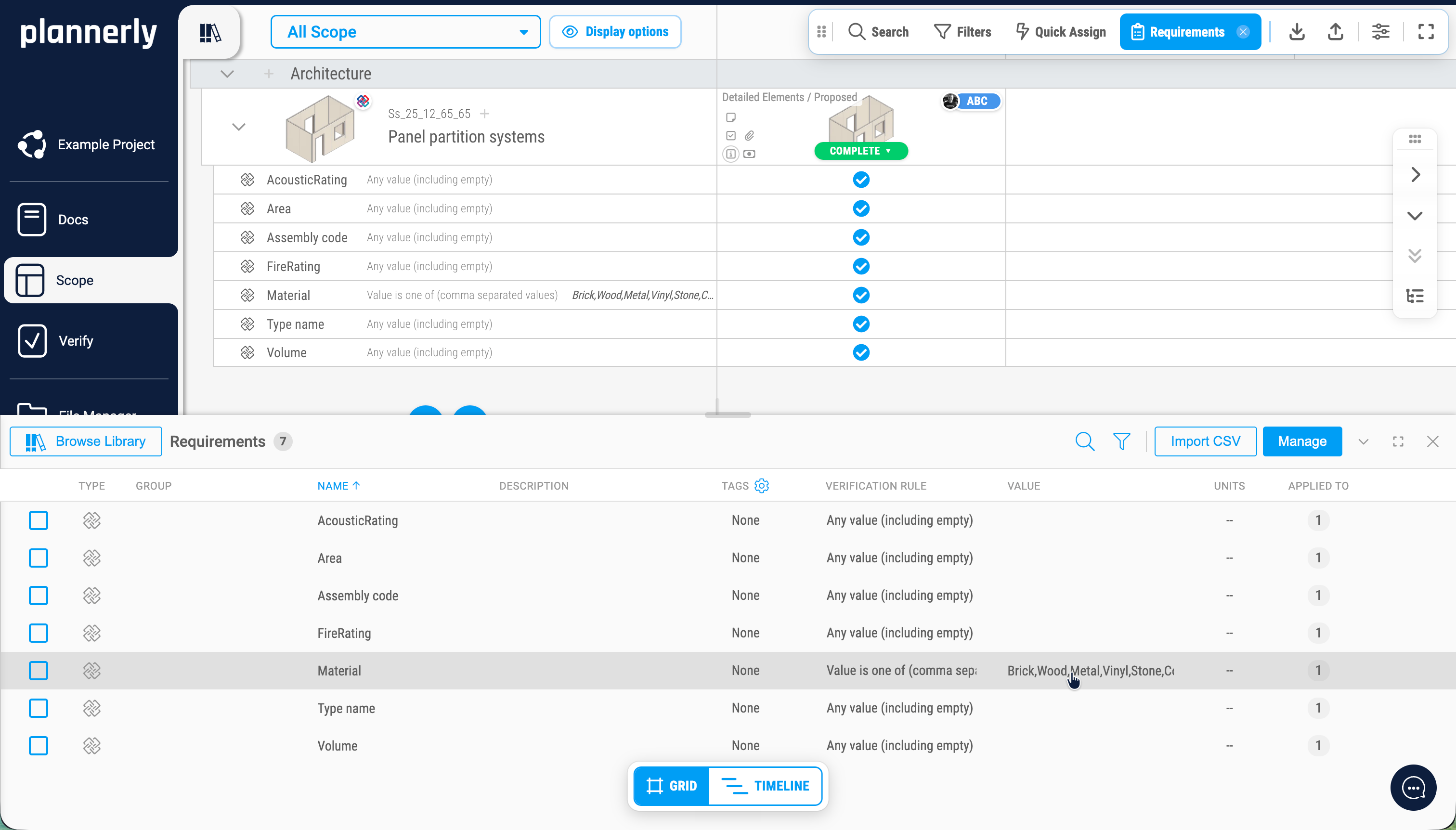 Requirements drawer in Scope showing five properties with verification rules and an AI-generated regex for acoustic rating