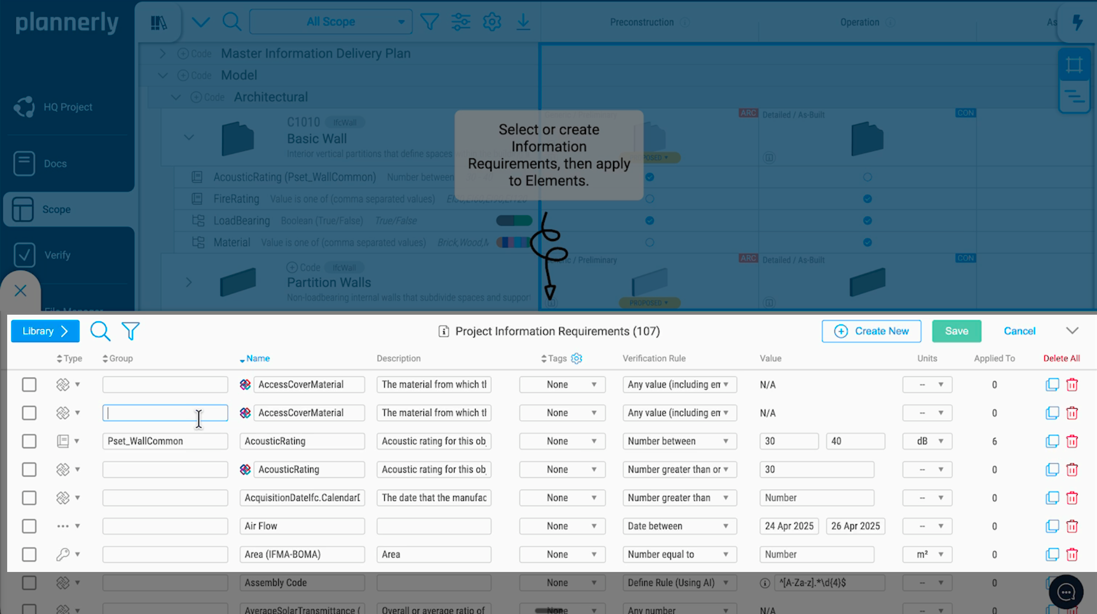 Plannerly Scope: the project's information requirements panel and its buildingSMART Data Dictionary settings