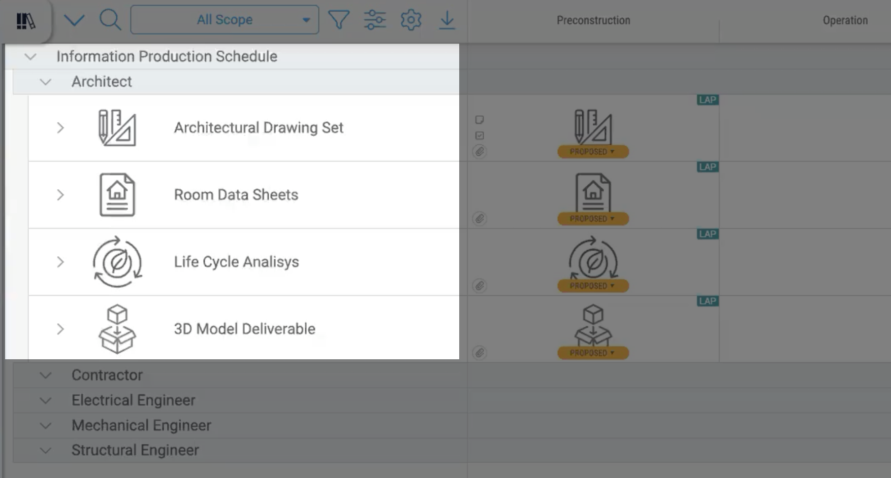 Plannerly Scope: the architect's deliverables in the information production schedule, each with its milestone, team and proposed status, above the other task teams' plans
