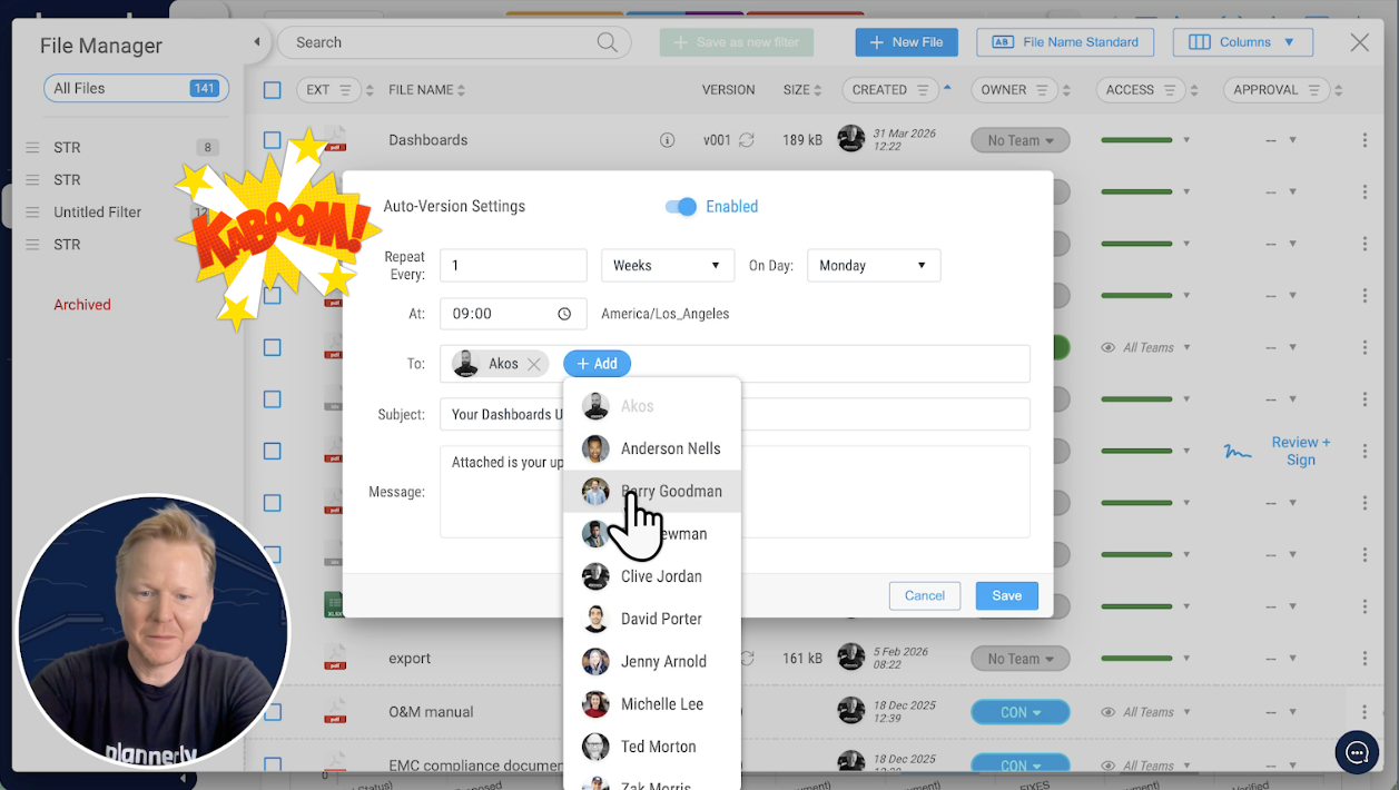 Plannerly export settings: automatic versions, sent every Monday morning