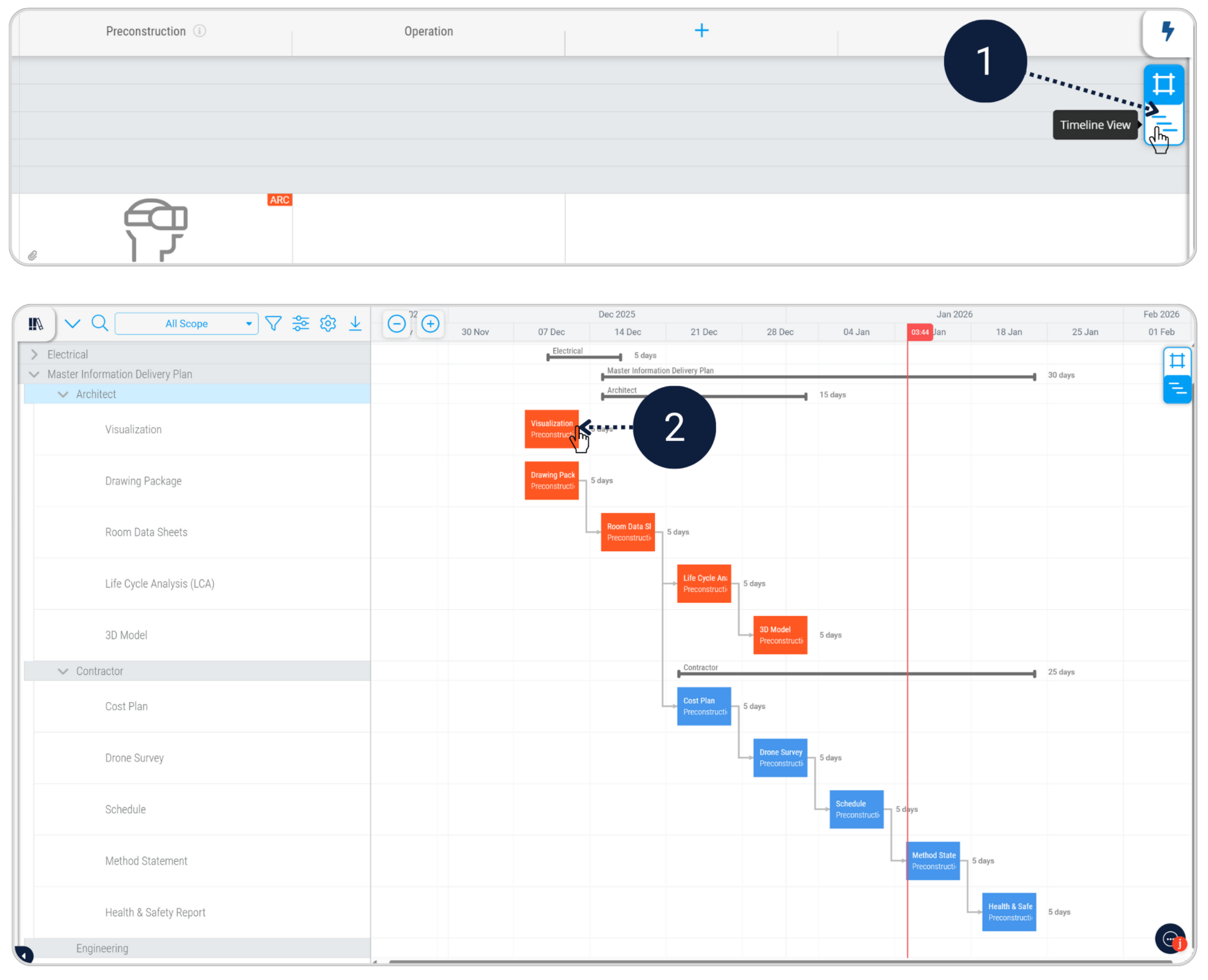 Plannerly Scope: the master information delivery plan on the timeline, with the architect's and contractor's deliverables as bars, their durations and the dependencies between them
