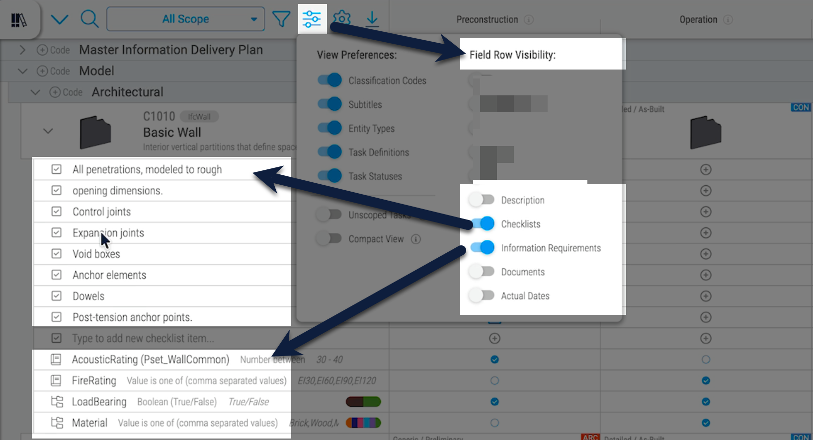 Plannerly Scope: view preferences, choosing whether the grid shows information requirements, checklists, descriptions or documents