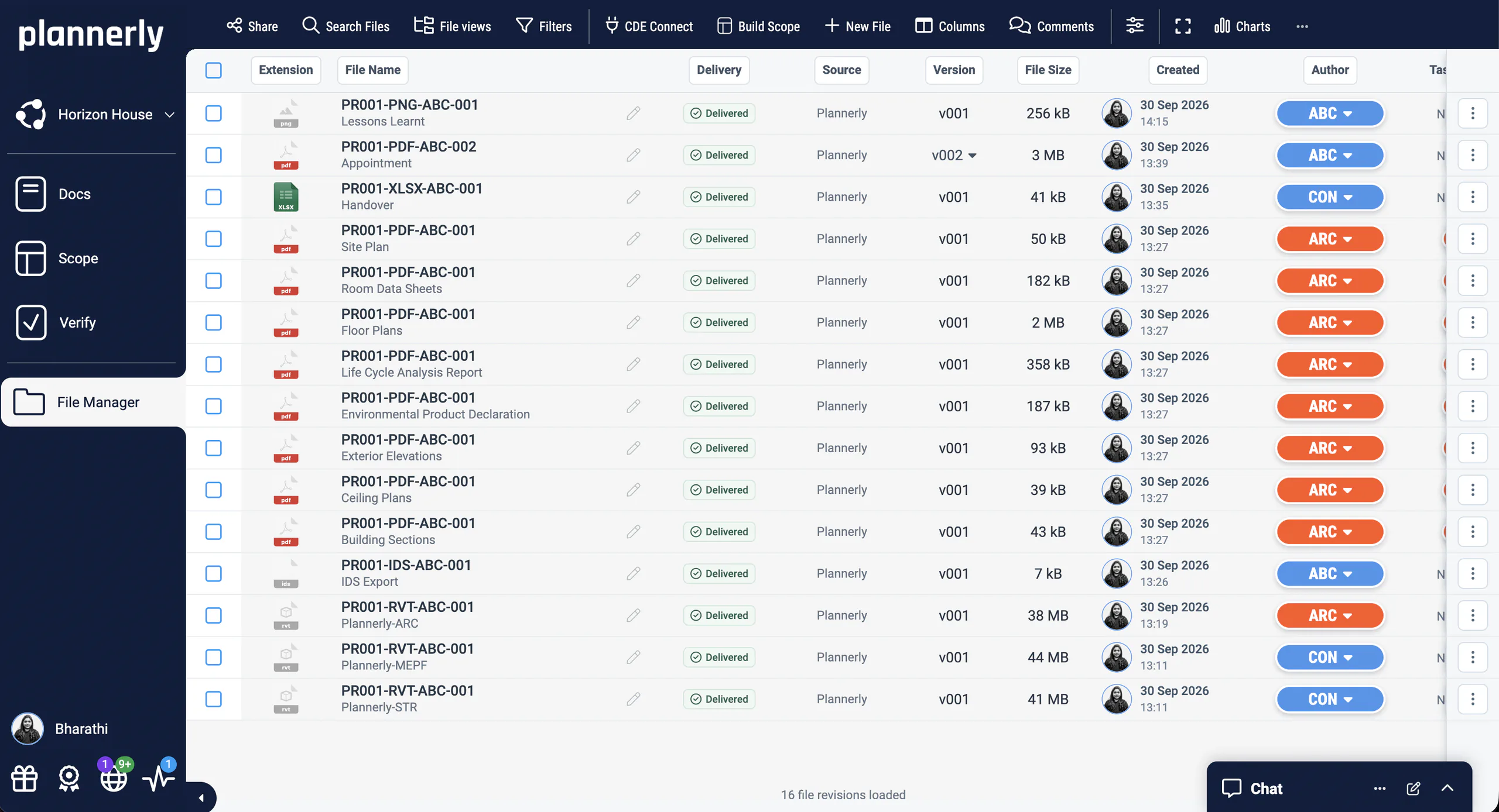 Plannerly File Manager for Horizon House: the handover files, every one delivered, each with its source, version, size, creation date and author