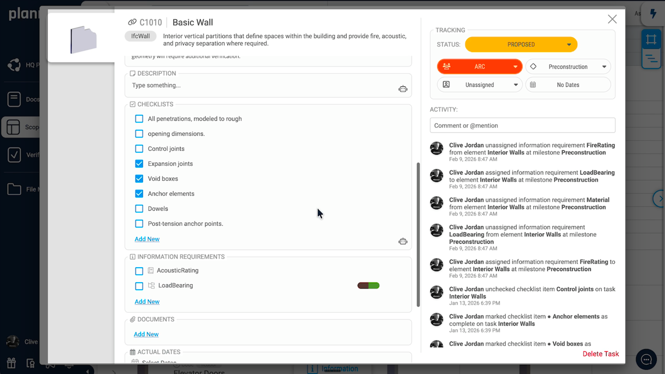 Plannerly Scope: a basic wall at the preconstruction milestone, with its status, team, checklists, information requirements and activity history