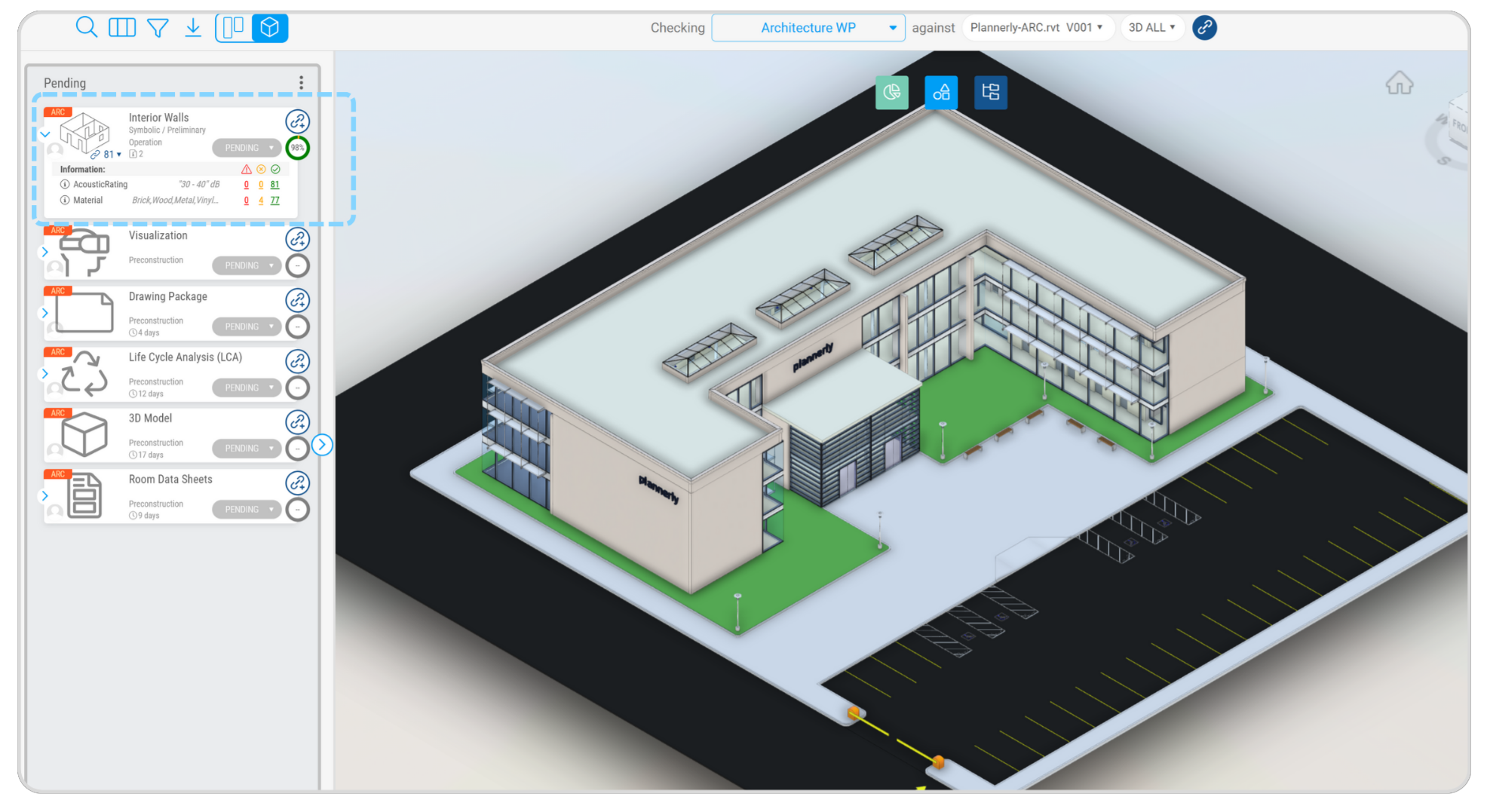 Plannerly Verify in the ISO 19650 Specialist assignment: the architecture work package checked against the demo model, with interior walls at 98% beside the 3D office building