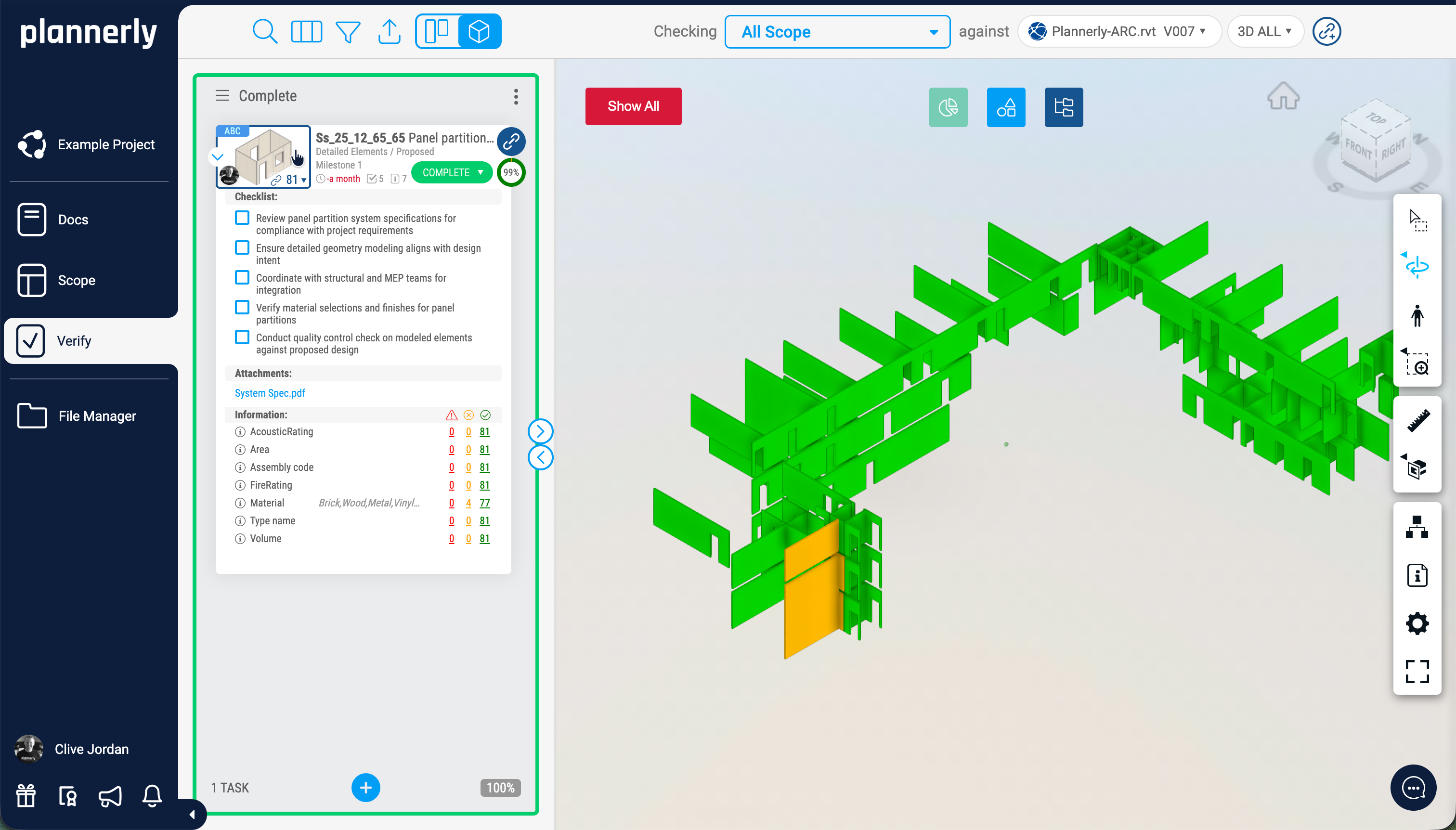 Verify module showing the model linked to the task with 98 percent complete and AcousticRating property flagged