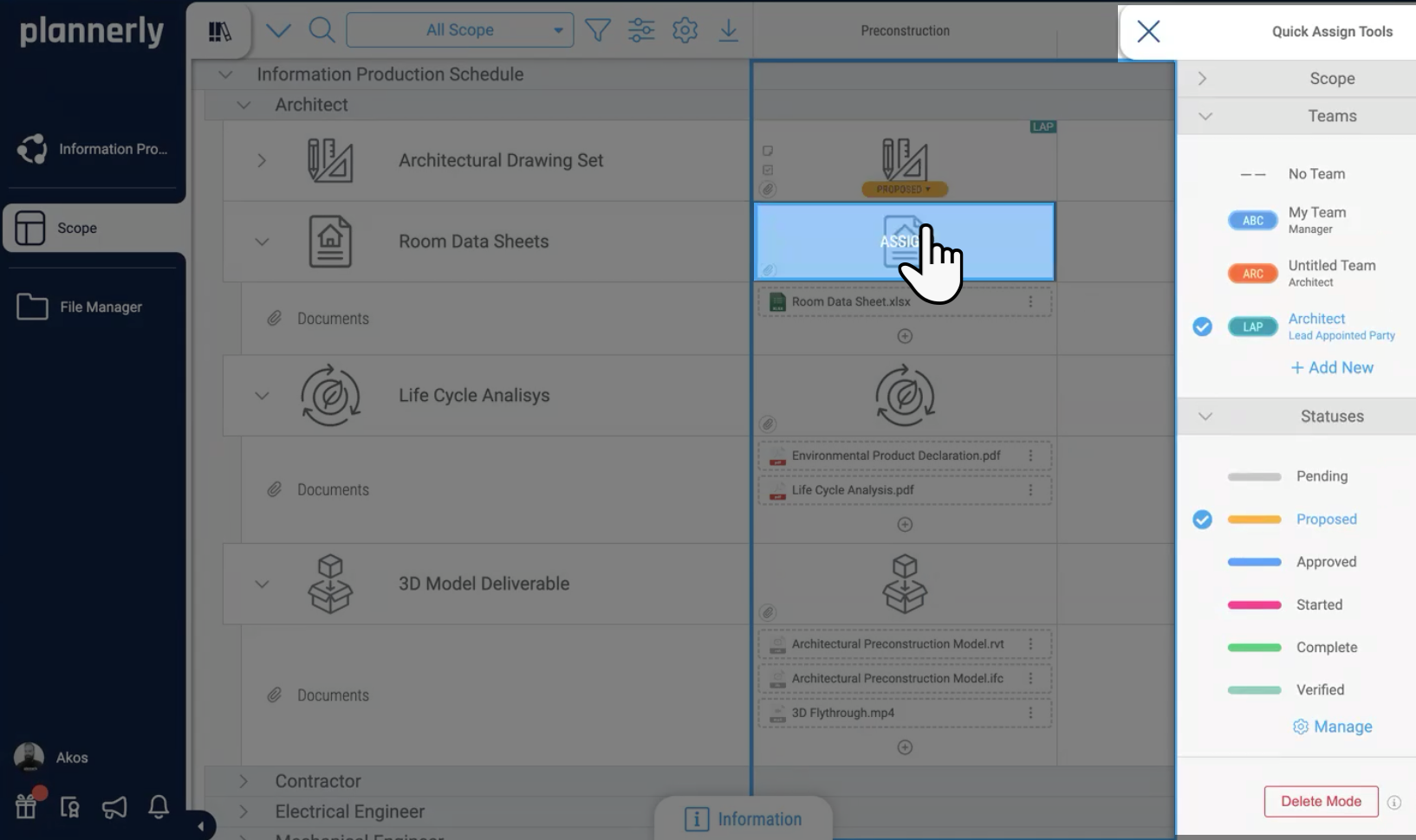 Plannerly Scope: Quick Assign giving each of the architect's deliverables in the information production schedule its responsible team and status, from the drawing set and room data sheets to the 3D model