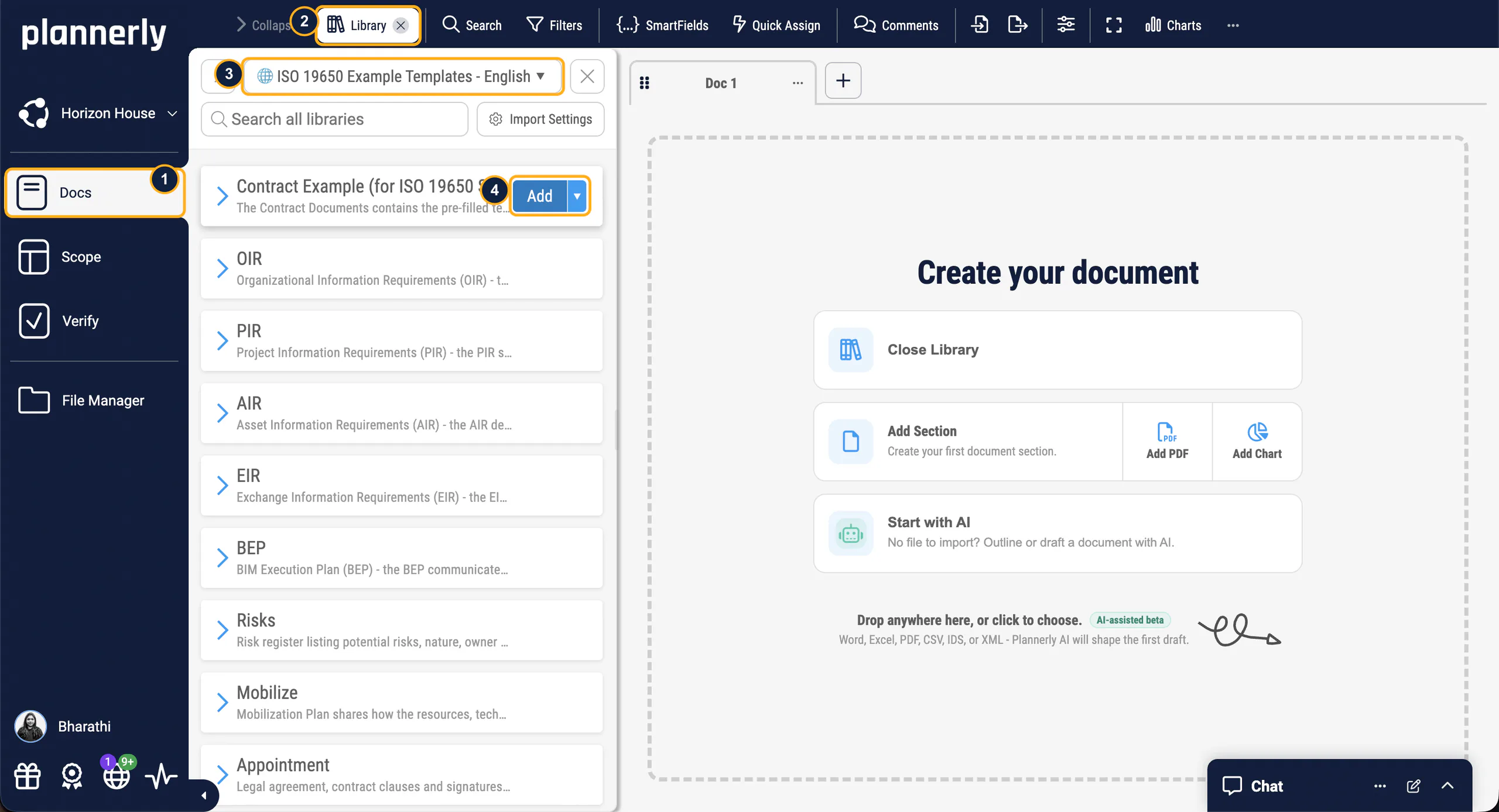 Plannerly Docs for Horizon House: the Library open on the ISO 19650 example templates, including the EIR and BEP, beside a new document ready to start with AI or from a dropped Word or PDF file