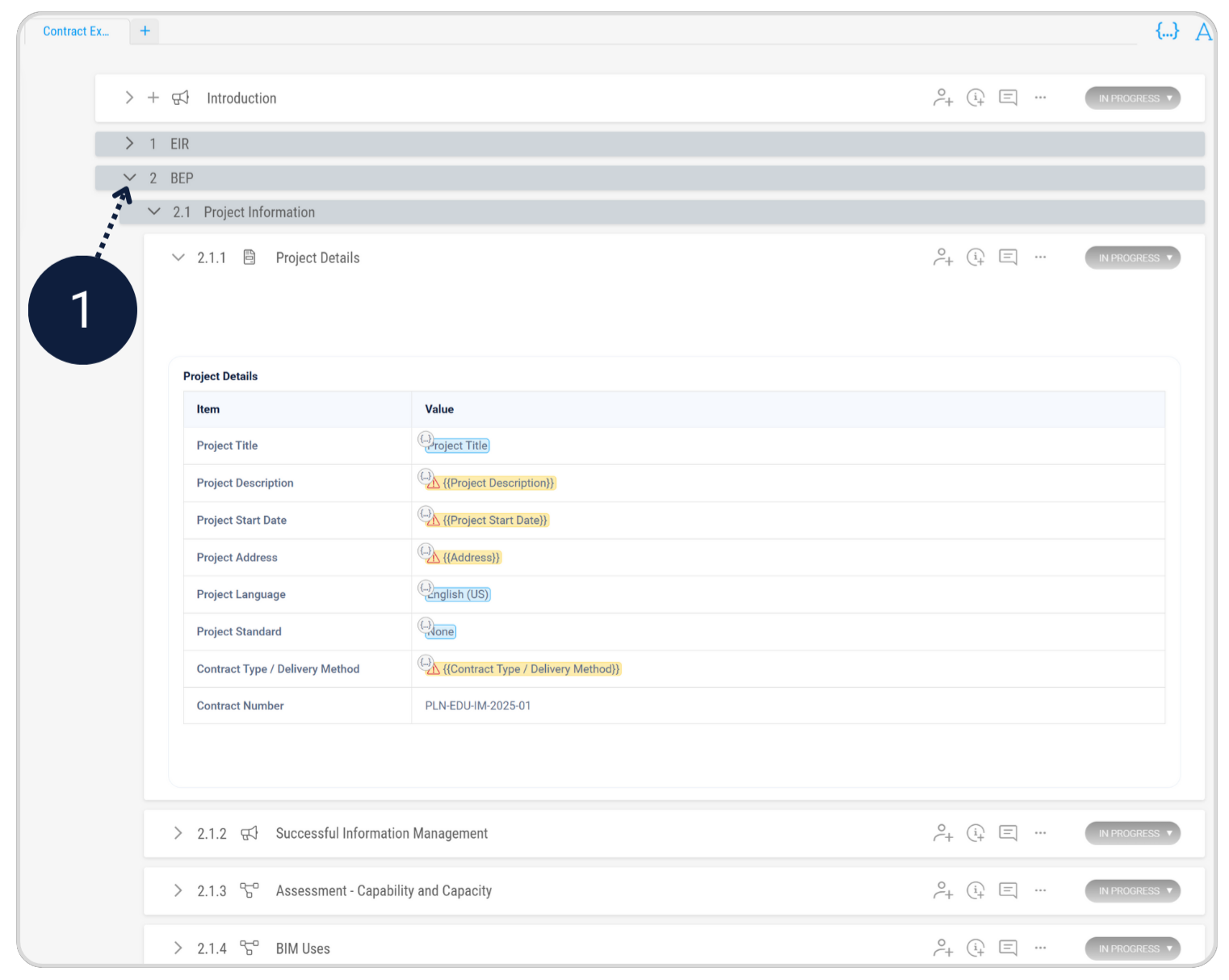 Plannerly Docs: a BIM execution plan open at its project details, filled in with SmartFields, above its sections on information management, capability and capacity, and BIM uses, each with its own status